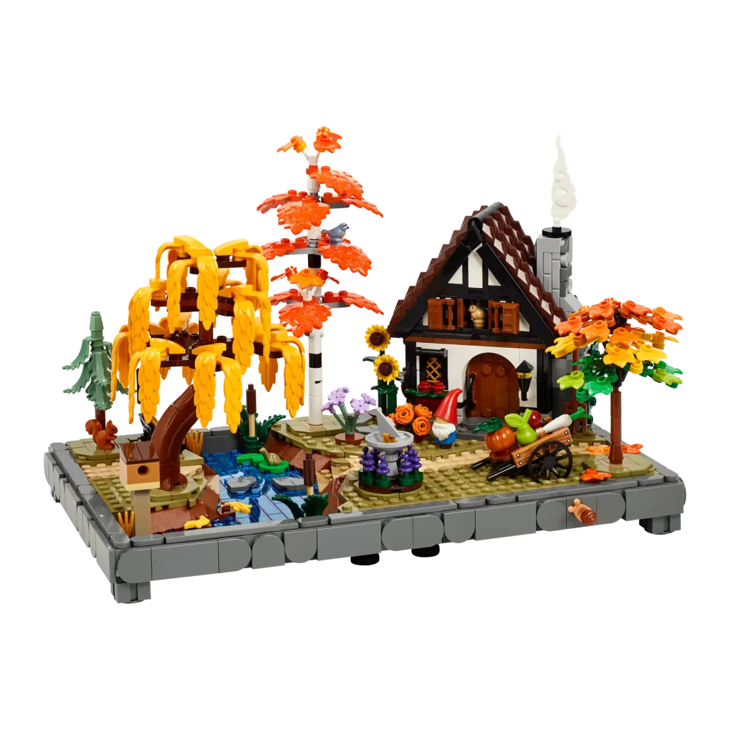 Set de construcción LEGO Icons Jardín Rural Otoñal 11372 1102 piezas 18+ años, vista frontal: cabaña con chimenea, árboles