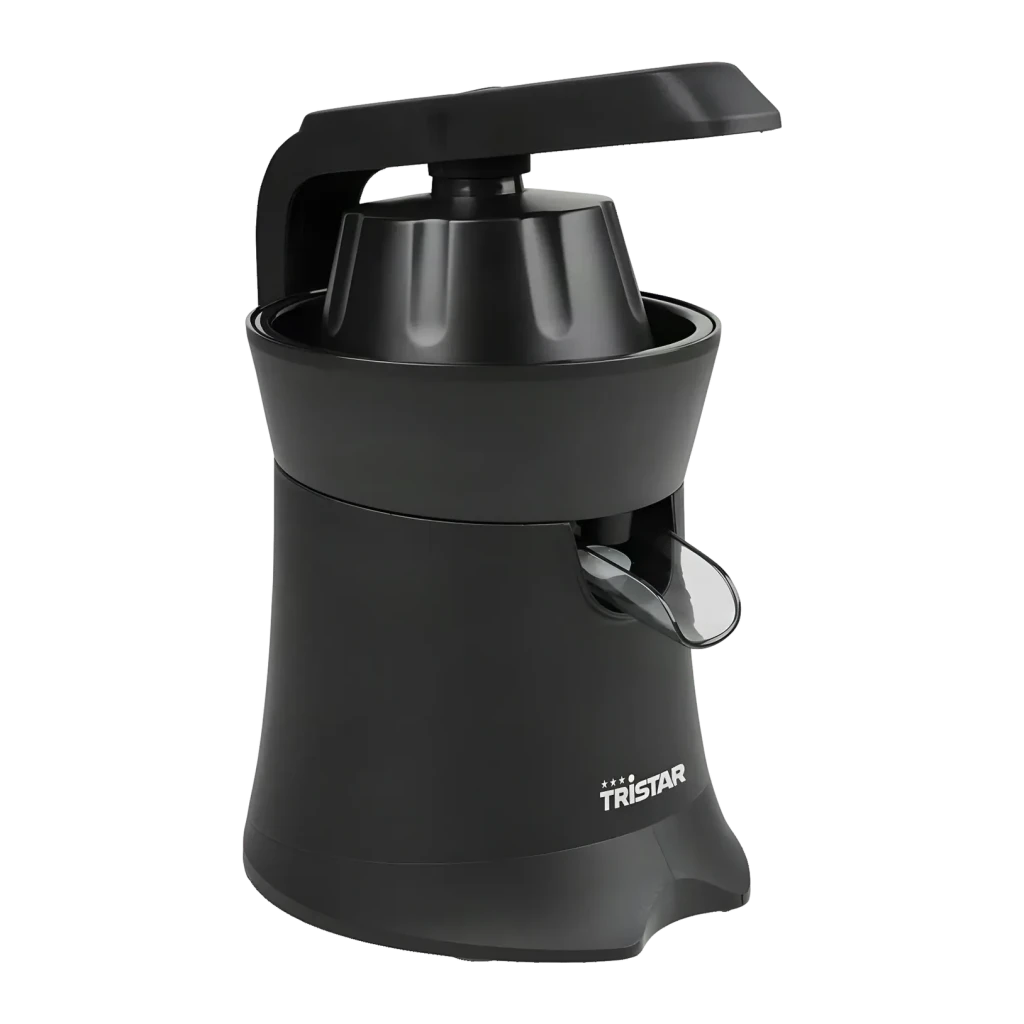 Exprimidor Tristar 120W Negro CP-3015, vista frontal: cuerpo negro, brazo articulado, cono exprimidor y pitorro metálico