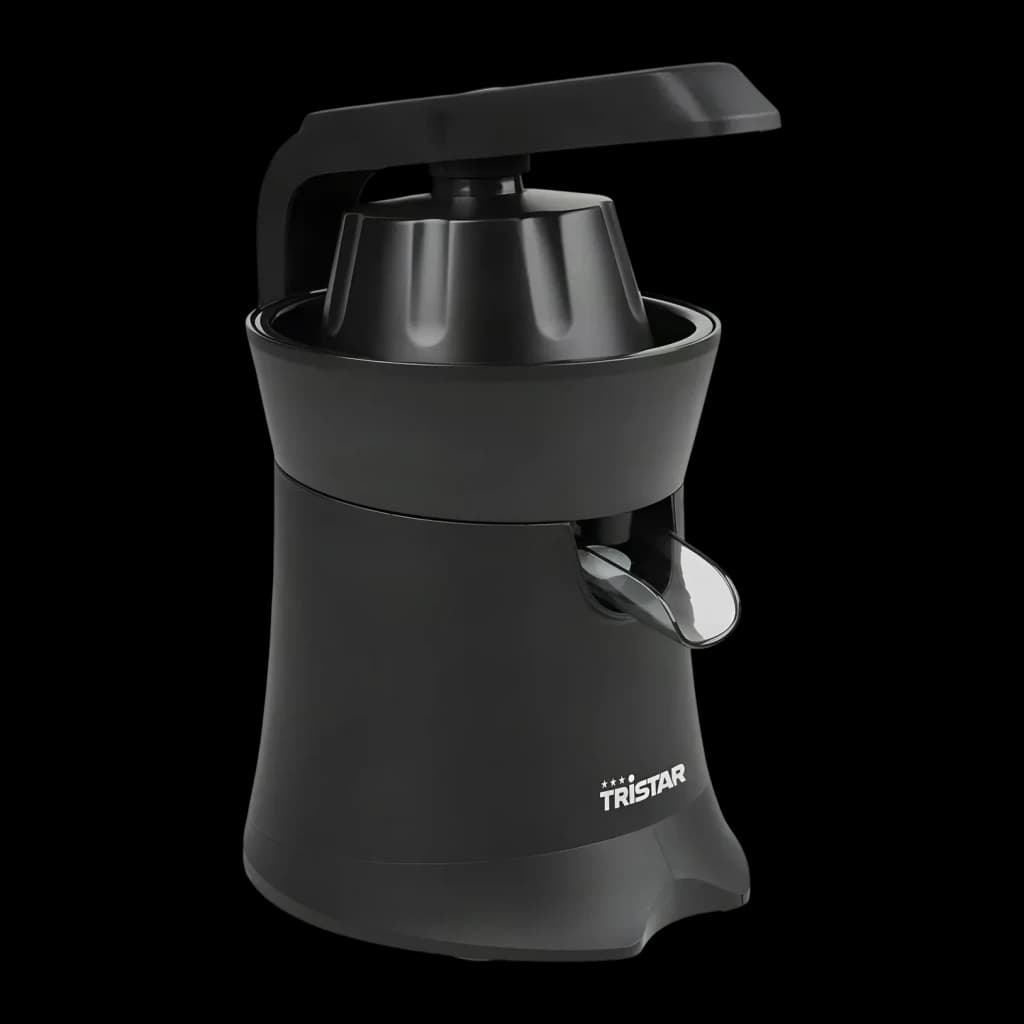 Exprimidor Tristar 120W Negro CP-3015, vista frontal: cuerpo negro, brazo articulado, cono exprimidor y pitorro metálico