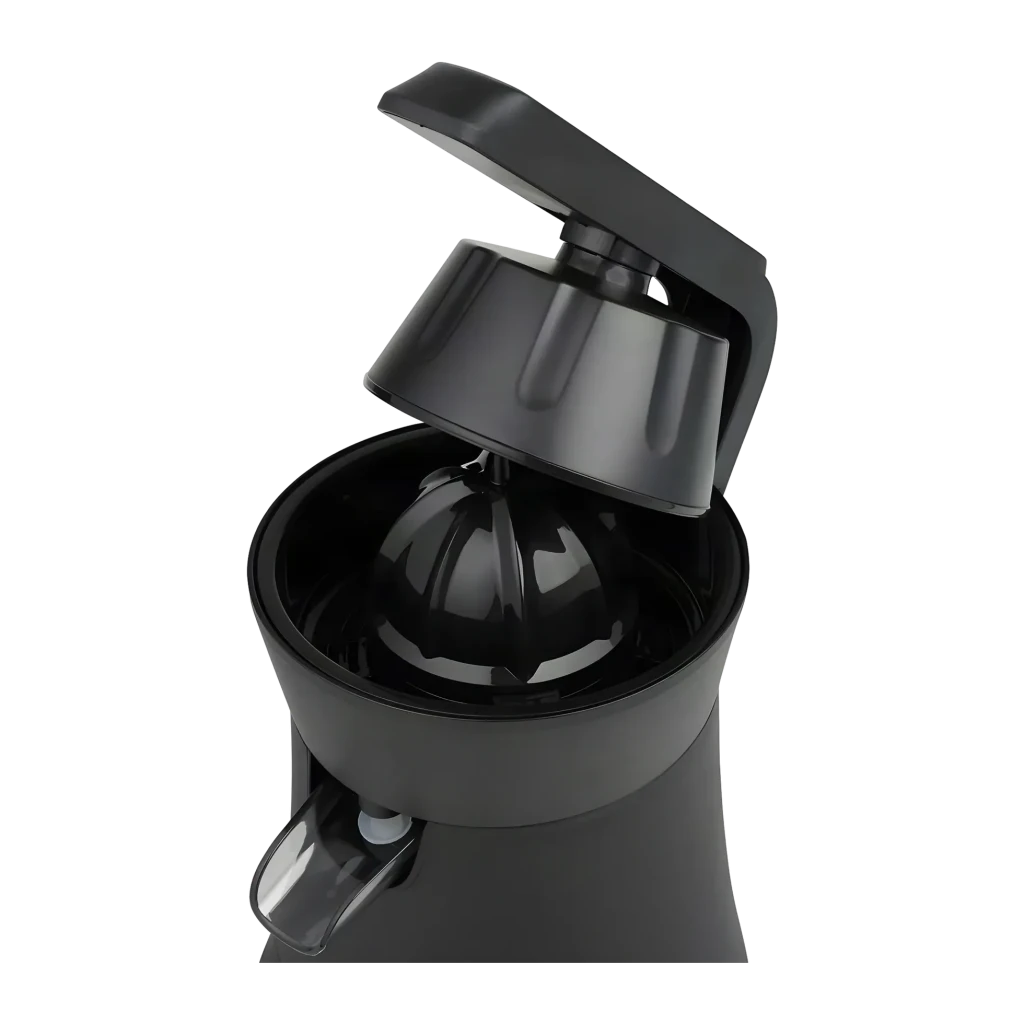 Exprimidor Tristar 120W Negro CP-3015, detalle: tapa abatible abierta, cono exprimidor y recipiente colador visibles