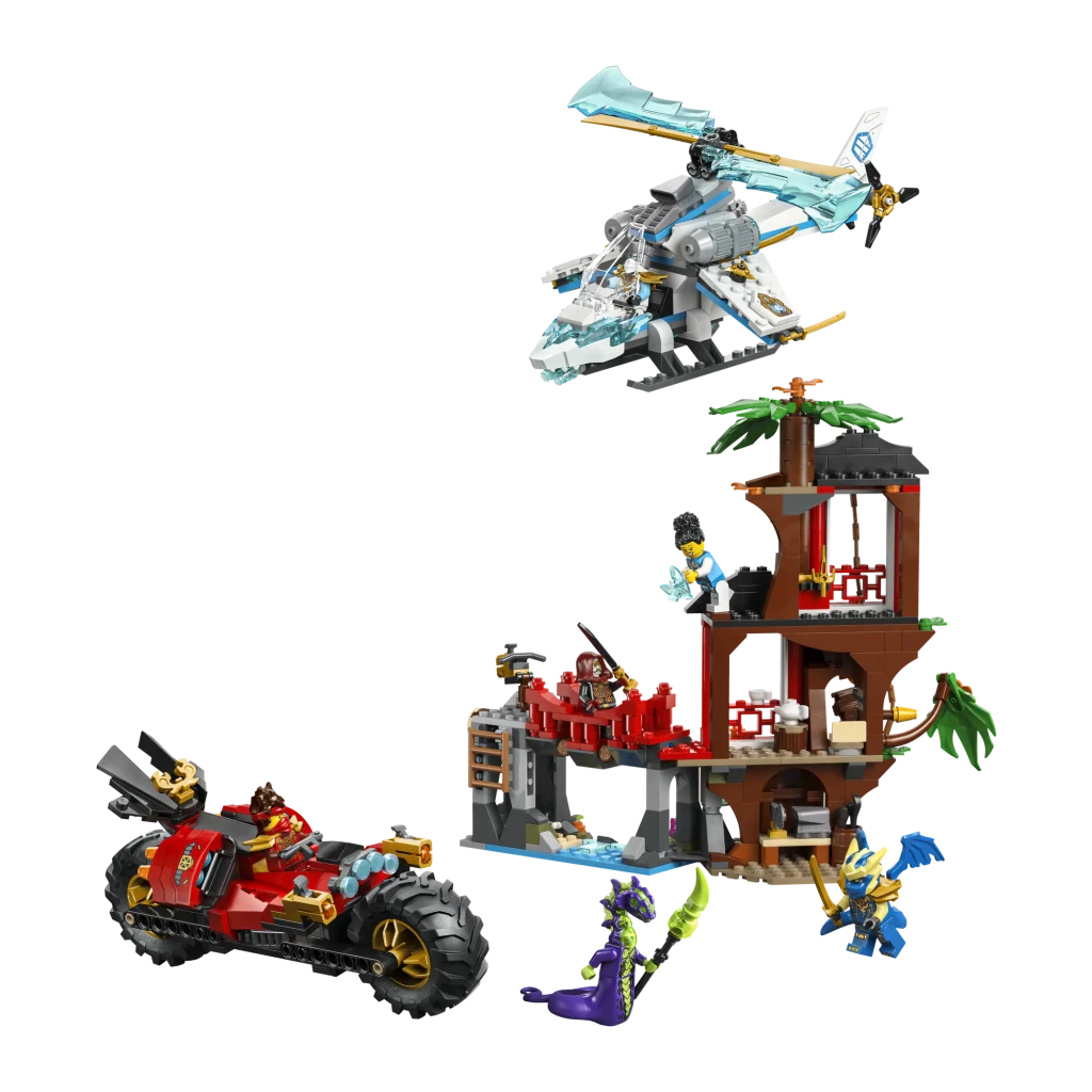 Set LEGO Ninjago 71857 Bataille de Véhicules Ninja près de la Cabane dans l'Arbre 642 pièces 7+ ans, vue de face