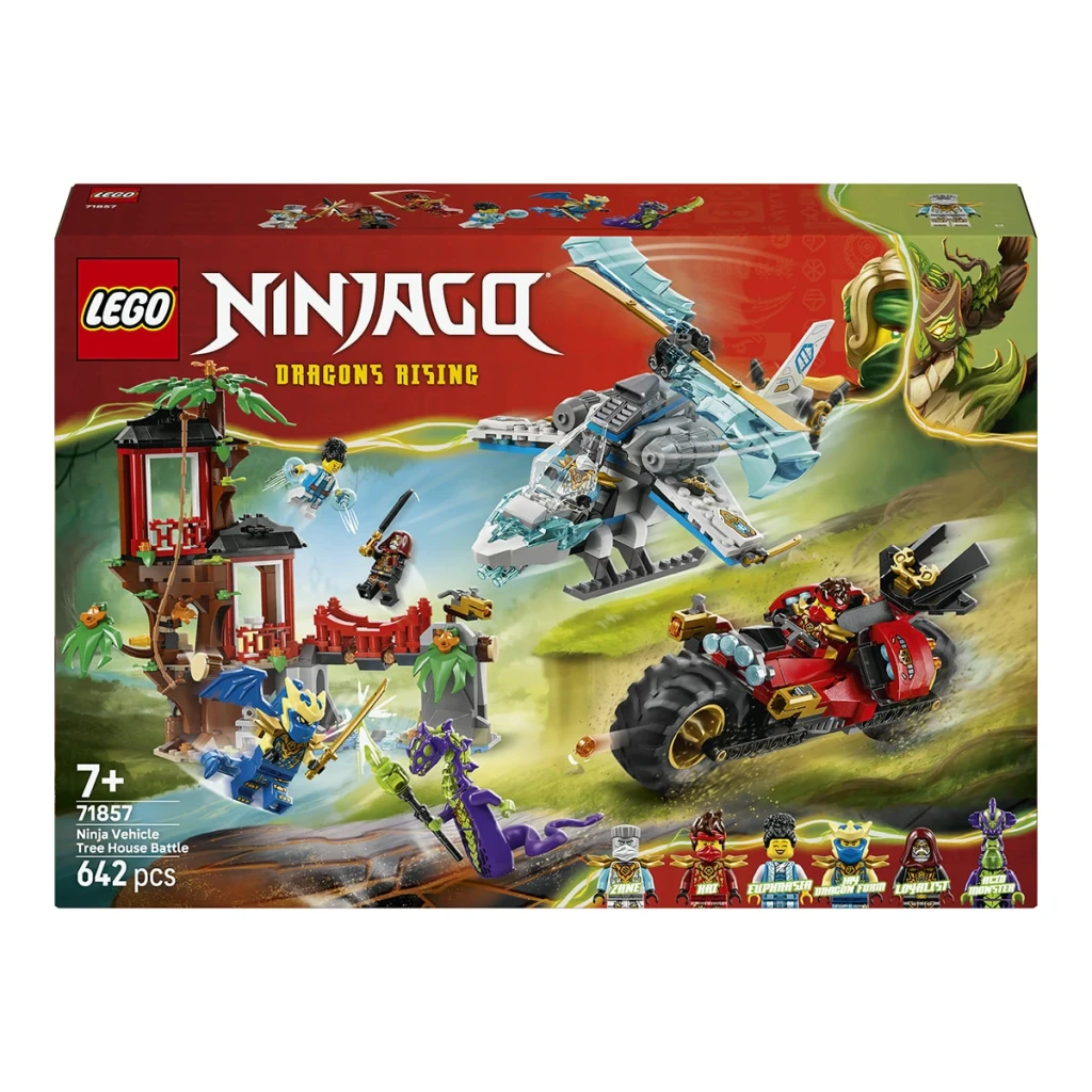 Set LEGO Ninjago 71857 Bataille de Véhicules Ninja près de la Cabane dans l'Arbre 642 pièces 7+ ans, contenu de la boîte