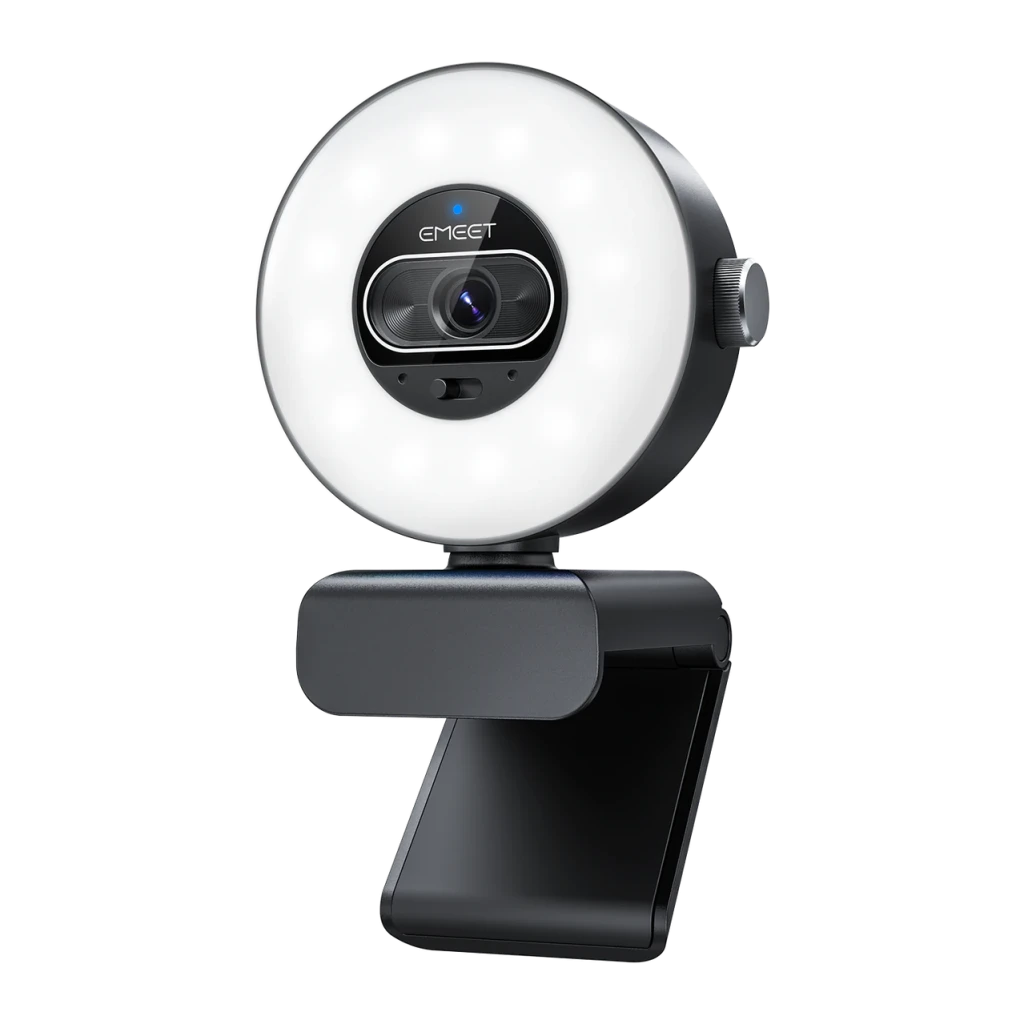 Webcam EMEET SmartCam S600L avec Anneau Lumineux 4K 30fps 2 Microphones Noir, vue de face: anneau LED allumé, objectif