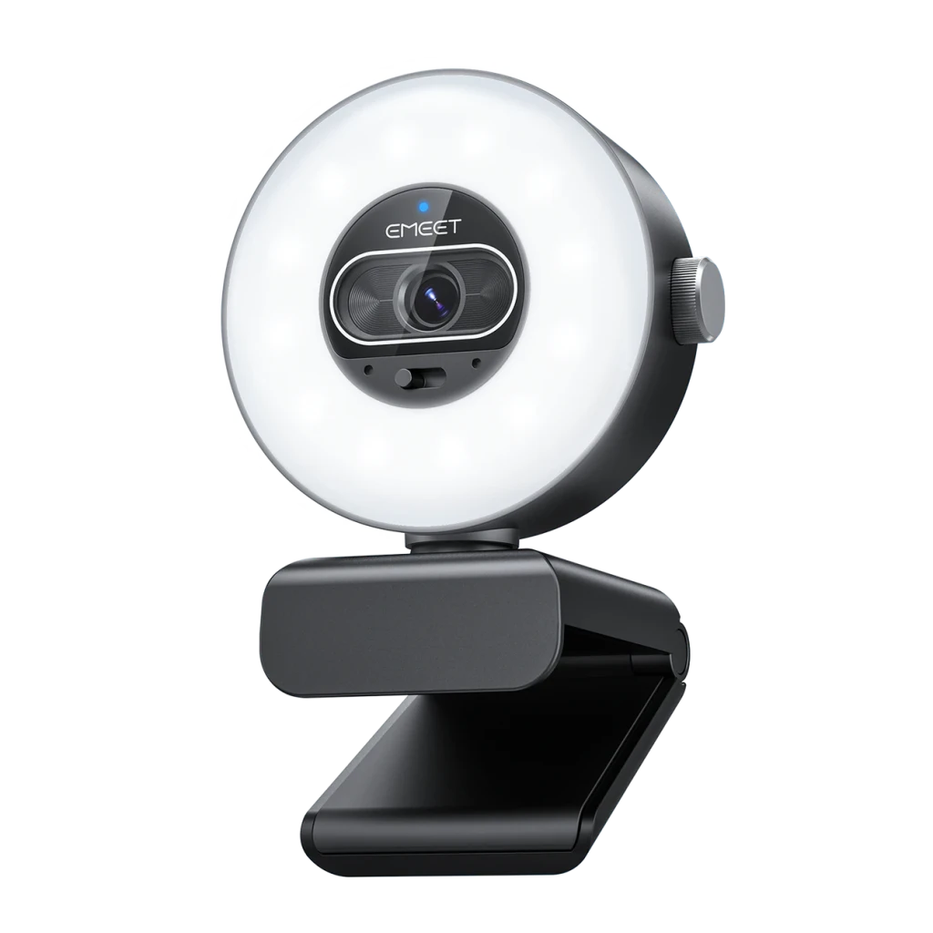 Webcam EMEET SmartCam S600L avec Anneau Lumineux 4K 30fps 2 Microphones Noir, détail: anneau lumineux allumé, objectif