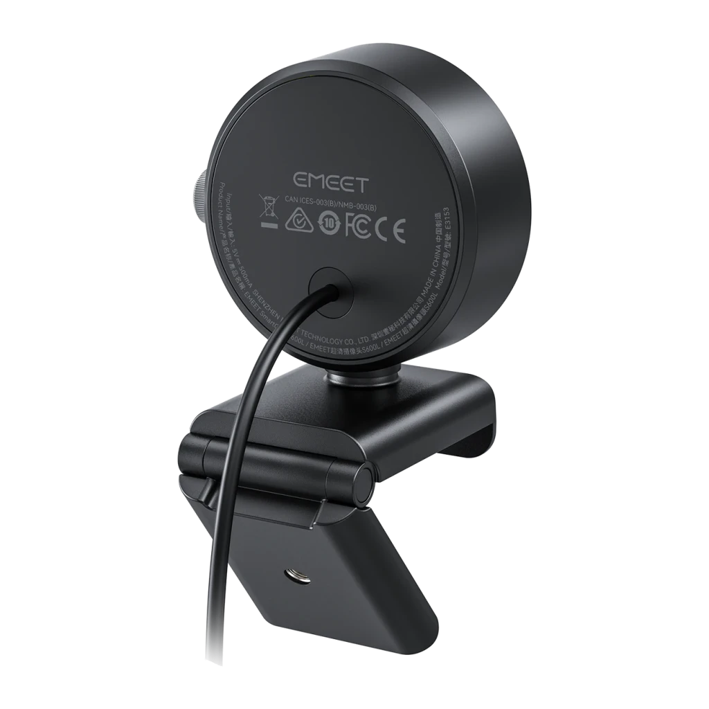 Webcam EMEET SmartCam S600L avec Anneau Lumineux 4K 30fps 2 Microphones Noir, vue arrière: panneau avec logo EMEET