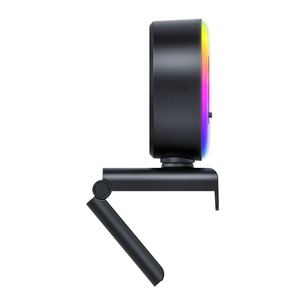 Webcam EMEET SmartCam S600L avec Anneau Lumineux 4K 30fps 2 Microphones Noir, détail latéral: anneau RGB allumé et trépied