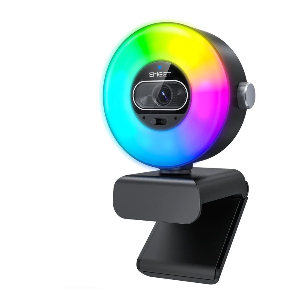 Webcam EMEET SmartCam S600L avec Anneau Lumineux 4K 30fps 2 Microphones Noir, détail: anneau RGB multicolore allumé
