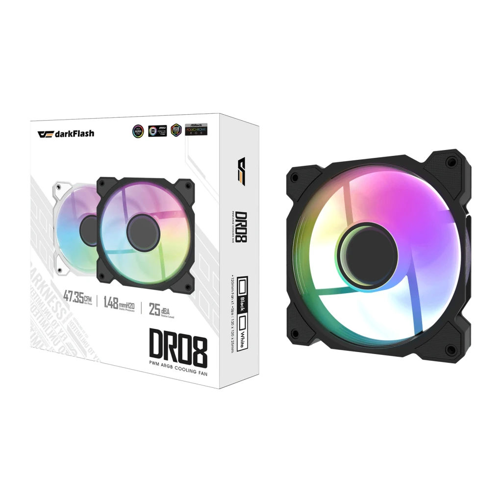 Ventilateur PC Darkflash DR08 PWM ARGB 120mm 59,1 CFM Noir, contenu de la boîte: boîte retail et ventilateur avec éclairage