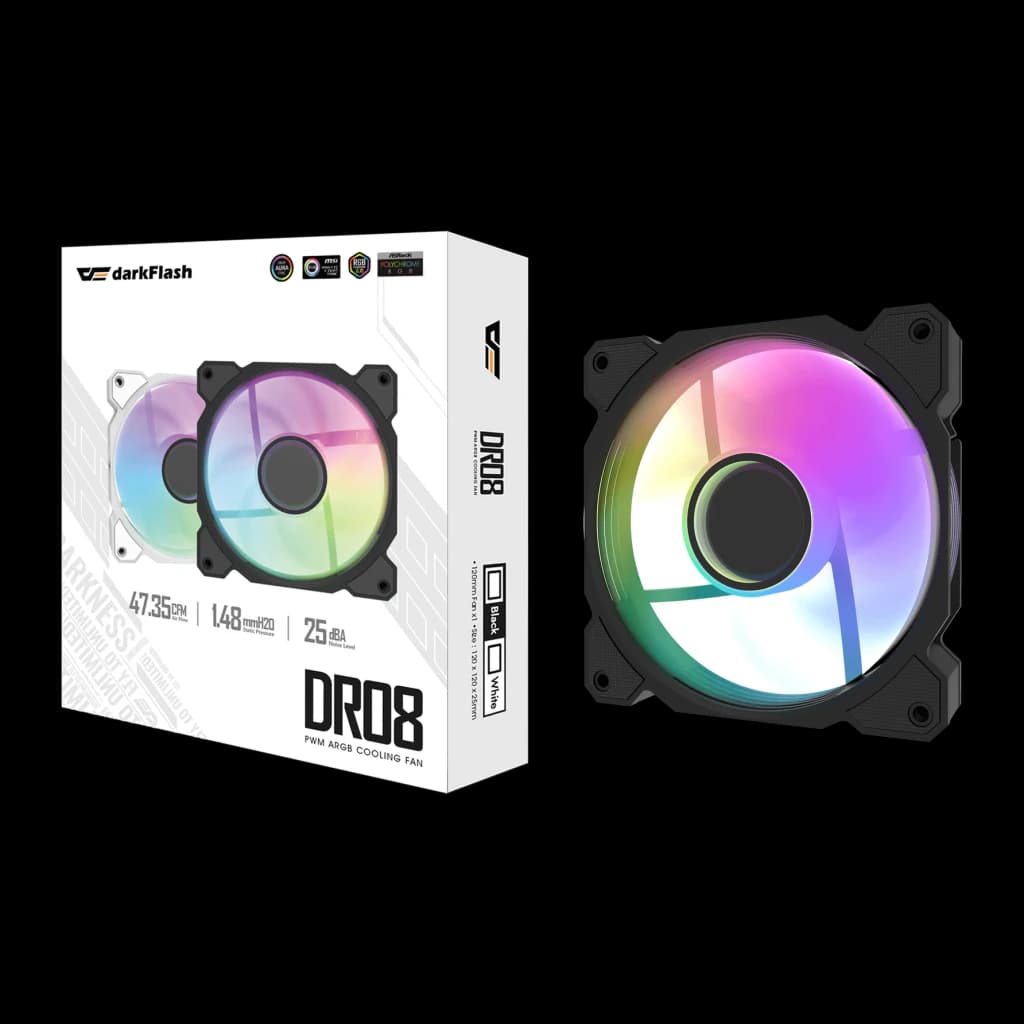 Ventilateur PC Darkflash DR08 PWM ARGB 120mm 59,1 CFM Noir, contenu de la boîte: boîte retail et ventilateur avec éclairage