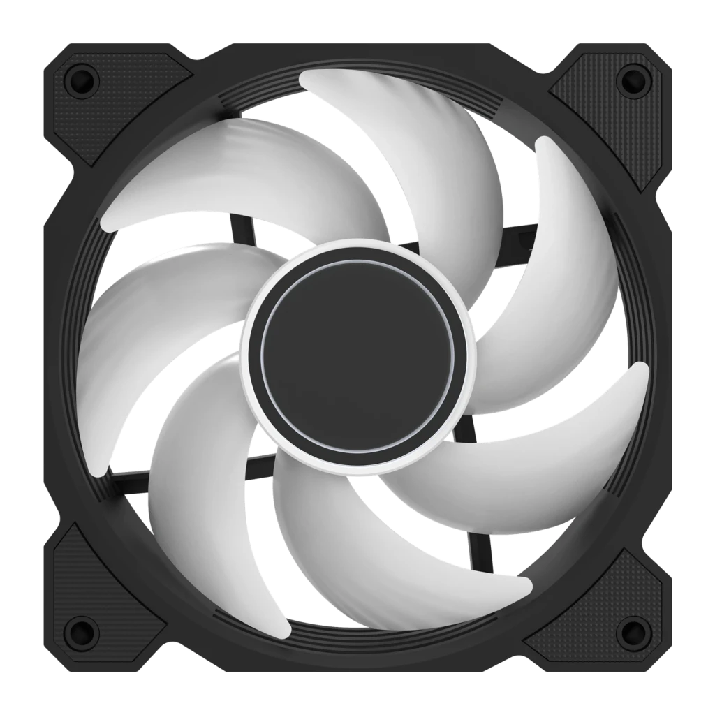Ventilateur PC Darkflash DR08 PWM ARGB 120mm 59,1 CFM Noir, détail face avant: 9 pales courbées et cadre carré noir