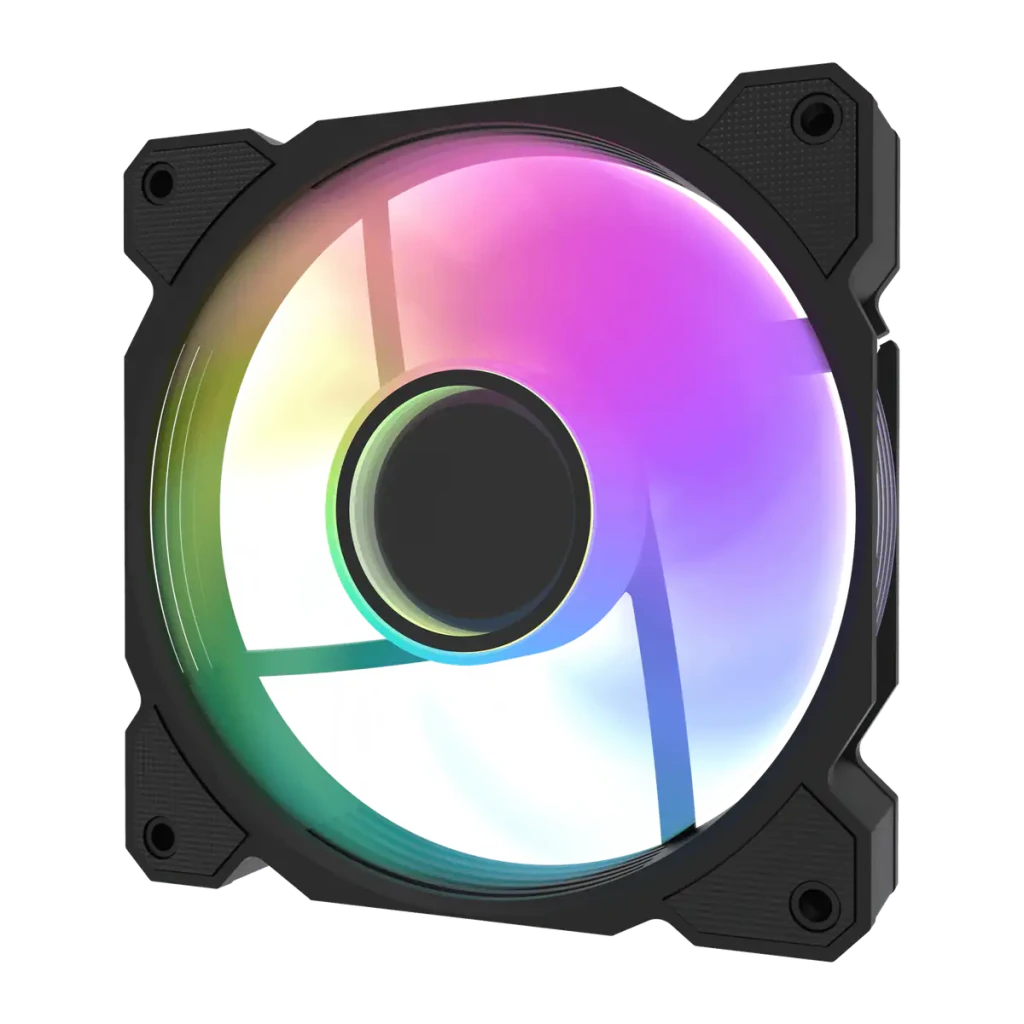 Ventilateur PC Darkflash DR08 PWM ARGB 120mm 59,1 CFM Noir, vue de face: pale translucide avec éclairage ARGB multicolore