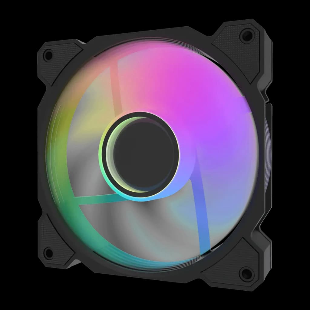Ventilateur PC Darkflash DR08 PWM ARGB 120mm 59,1 CFM Noir, vue de face: pale translucide avec éclairage ARGB multicolore
