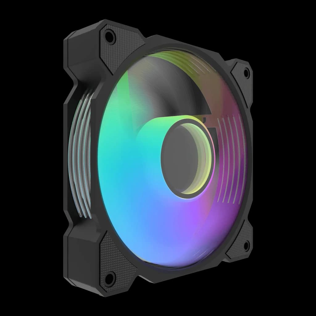 Ventilateur PC Darkflash DR08 PWM ARGB 120mm 59,1 CFM Noir, détail: anneau ARGB dégradé bleu, vert et violet sur pale