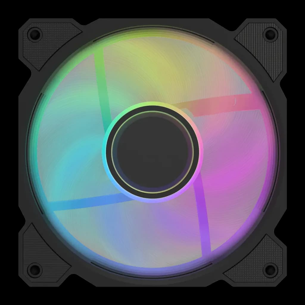 Ventilateur PC Darkflash DR08 PWM ARGB 120mm 59,1 CFM Noir, détail: vue de face avec éclairage ARGB multicolore sur pale