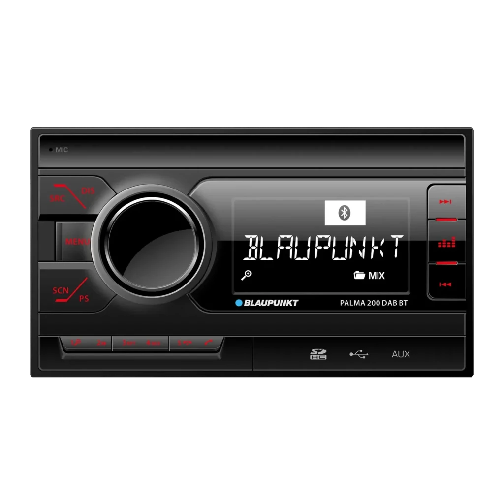 Autorradio Blaupunkt Palma 200 DAB BT Negro 2 DIN Bluetooth, vista frontal: pantalla LCD con logo, botones rojos y mando