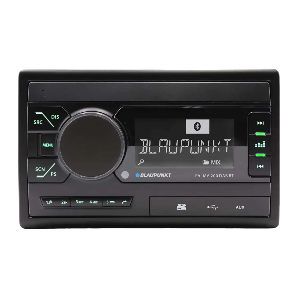 Autorradio Blaupunkt Palma 200 DAB BT Negro 2 DIN Bluetooth, detalle: pantalla iluminada con logo, botones verdes, puertos