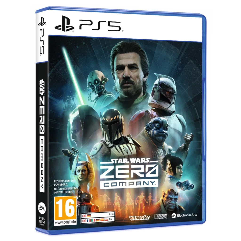 Videojuego Electronic Arts Star Wars: Zero Company Estándar PS5, detalle: caja PS5 en ángulo con portada de personajes