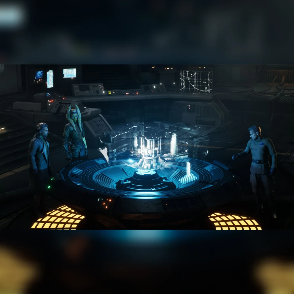 Videojuego Electronic Arts Star Wars: Zero Company Estándar PS5, en uso: tres personajes ante mesa holográfica en nave