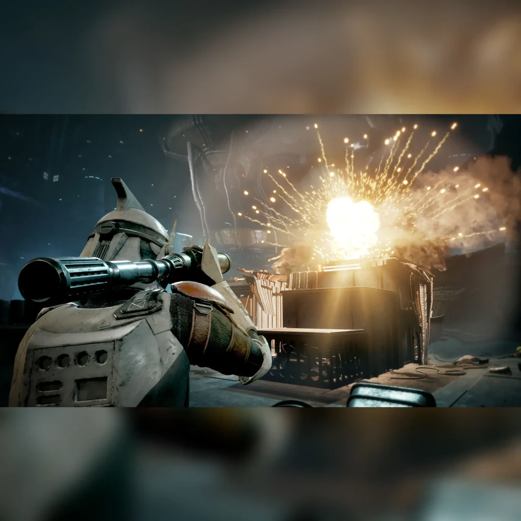 Videojuego Electronic Arts Star Wars: Zero Company Estándar PS5, en uso: soldado clon apunta con rifle pesado ante explosión