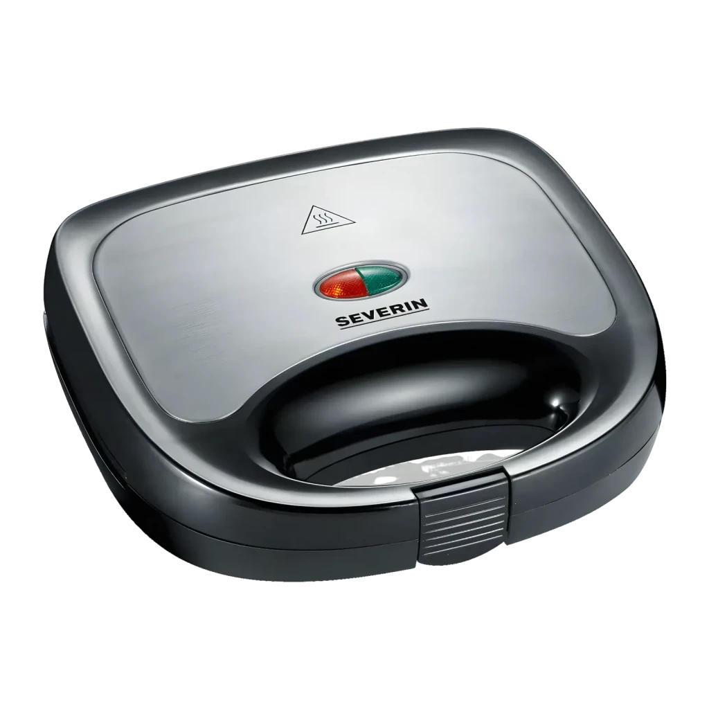 Sandwichera Severin 600W 4 bocadillos Negro SA 2969, vista frontal: tapa de acero cepillado con indicadores bicolor y cierre