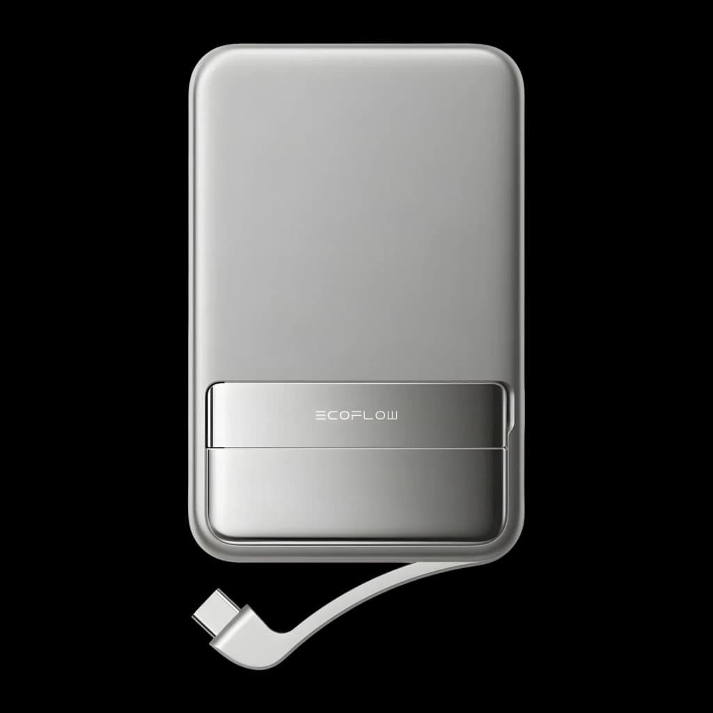 Power Bank EcoFlow RAPID 5000mAh Argent Qi2 15W Câble USB-C intégré 30W, vue de face: corps argenté avec logo EcoFlow