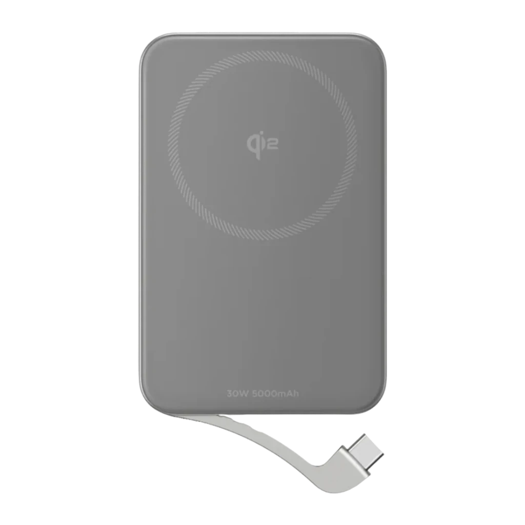 Power Bank EcoFlow RAPID 5000mAh Argent Qi2 15W Câble USB-C intégré 30W, vue arrière: cercle Qi2 gravé et câble USB-C