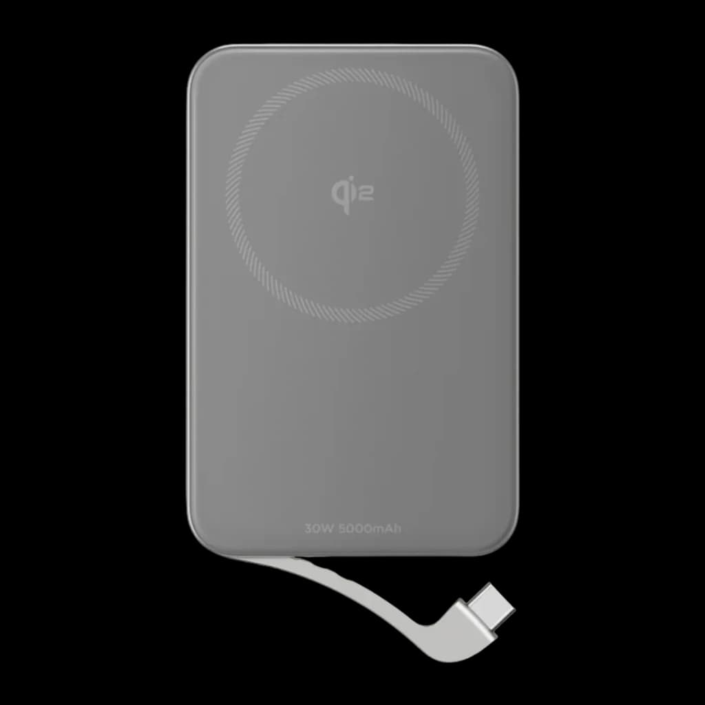 Power Bank EcoFlow RAPID 5000mAh Argent Qi2 15W Câble USB-C intégré 30W, vue arrière: cercle Qi2 gravé et câble USB-C