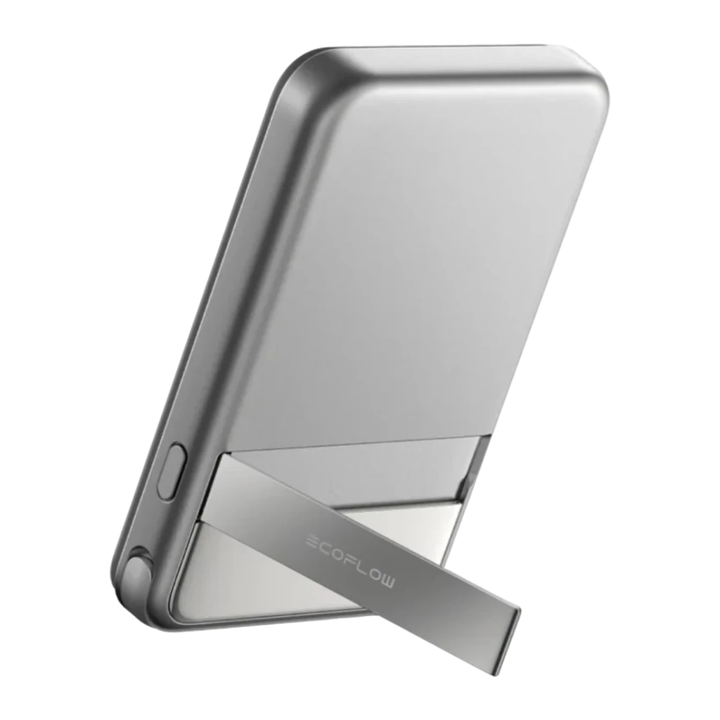 Power Bank EcoFlow RAPID 5000mAh Argent Qi2 15W Câble USB-C intégré 30W, détail: béquille pliable avec logo EcoFlow