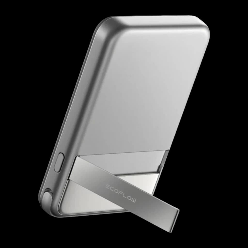 Power Bank EcoFlow RAPID 5000mAh Argent Qi2 15W Câble USB-C intégré 30W, détail: béquille pliable avec logo EcoFlow