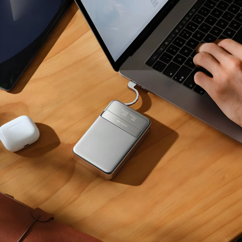 Power Bank EcoFlow RAPID 5000mAh Argent Qi2 15W Câble USB-C intégré 30W, en utilisation: câble intégré branché sur MacBook