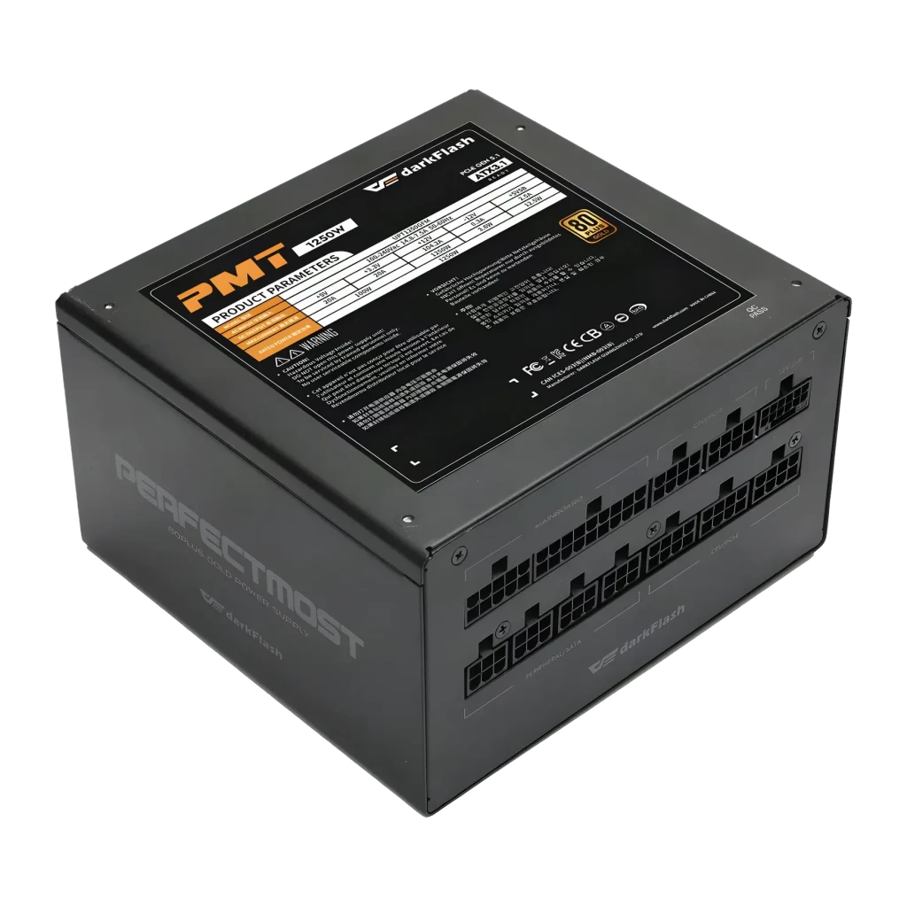 Bloc d'alimentation modulaire Darkflash 1250W 80 Plus Gold noir PMT1250, détail: étiquette de spécifications et connecteurs