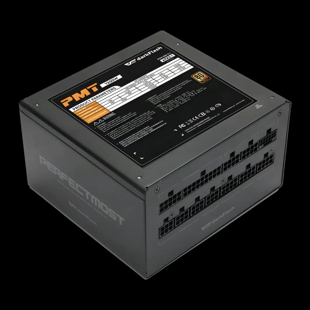 Bloc d'alimentation modulaire Darkflash 1250W 80 Plus Gold noir PMT1250, détail: étiquette de spécifications et connecteurs