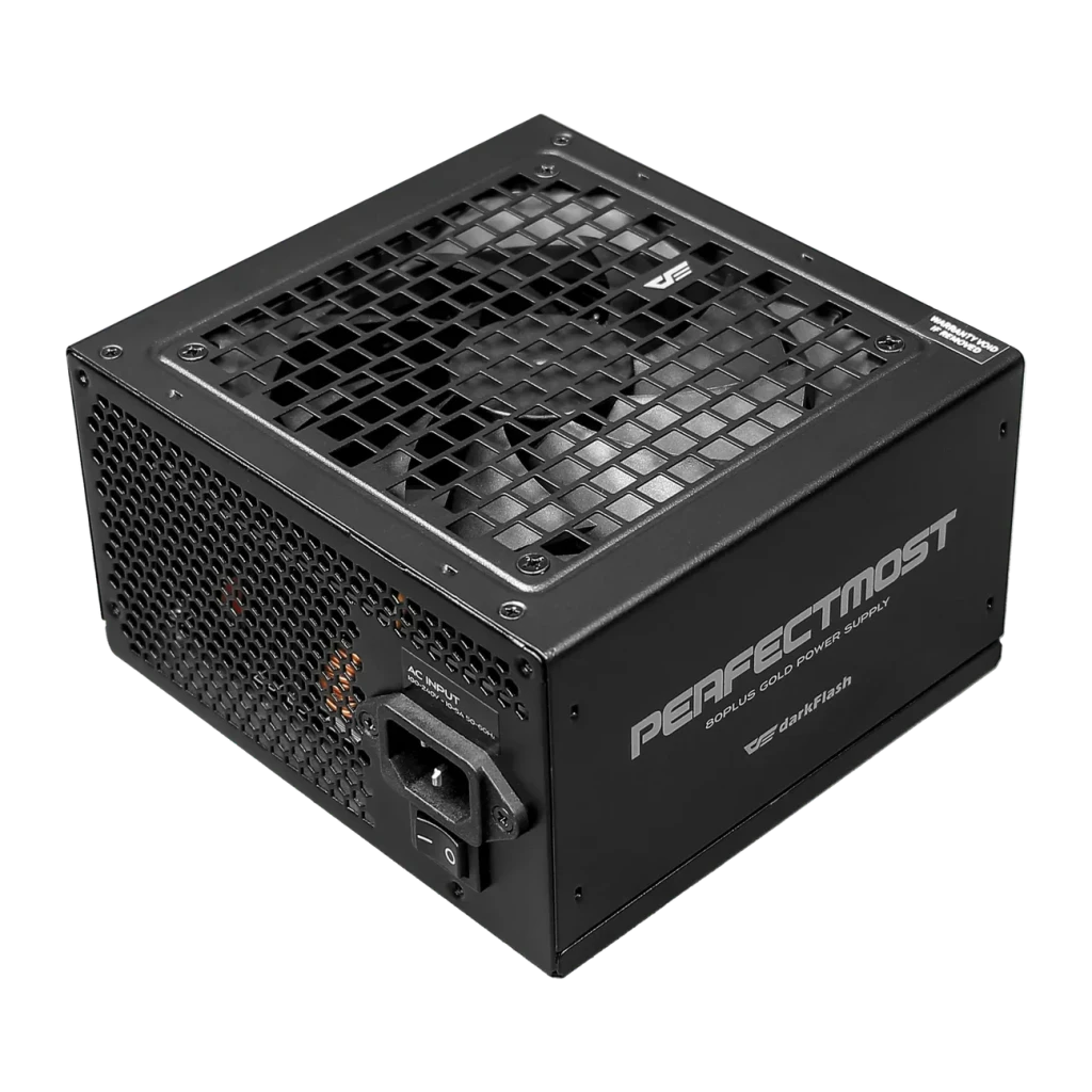 Bloc d'alimentation modulaire Darkflash 1250W 80 Plus Gold noir PMT1250, vue de face: boîtier noir avec grille