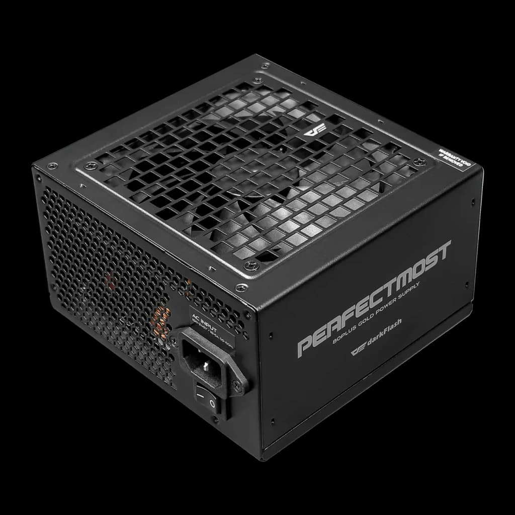 Bloc d'alimentation modulaire Darkflash 1250W 80 Plus Gold noir PMT1250, vue de face: boîtier noir avec grille