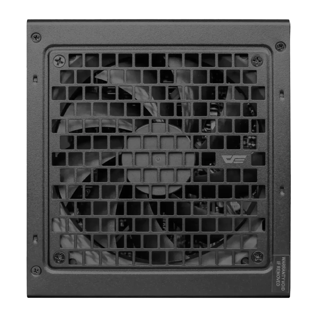 Bloc d'alimentation modulaire Darkflash 1250W 80 Plus Gold noir PMT1250, détail: grille avant avec ventilateur et logo