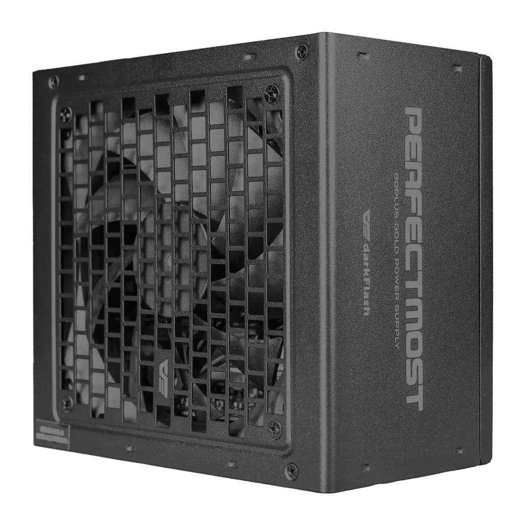 Bloc d'alimentation modulaire Darkflash 1250W 80 Plus Gold noir PMT1250, détail: grille frontale avec ventilateur et côté
