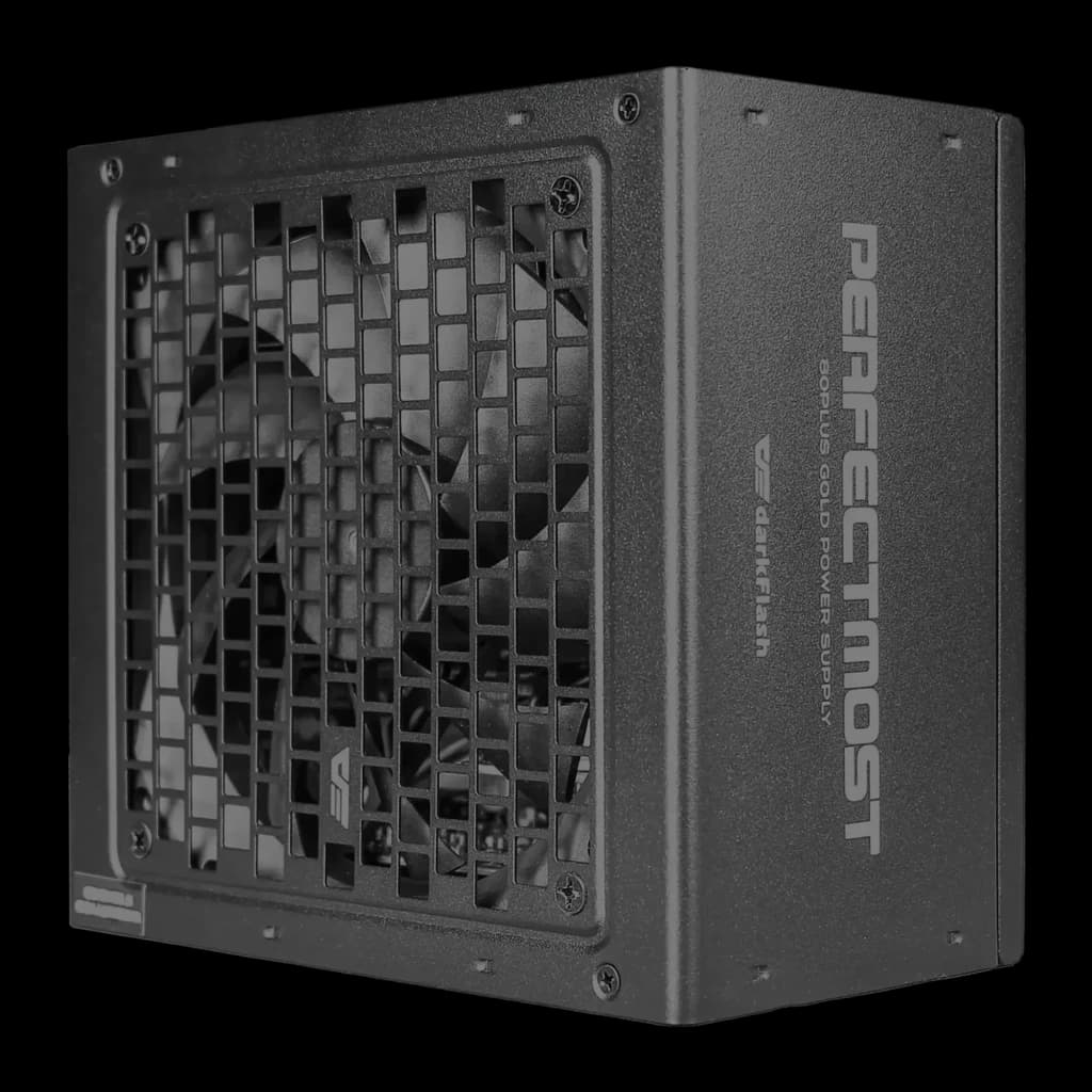Bloc d'alimentation modulaire Darkflash 1250W 80 Plus Gold noir PMT1250, détail: grille frontale avec ventilateur et côté