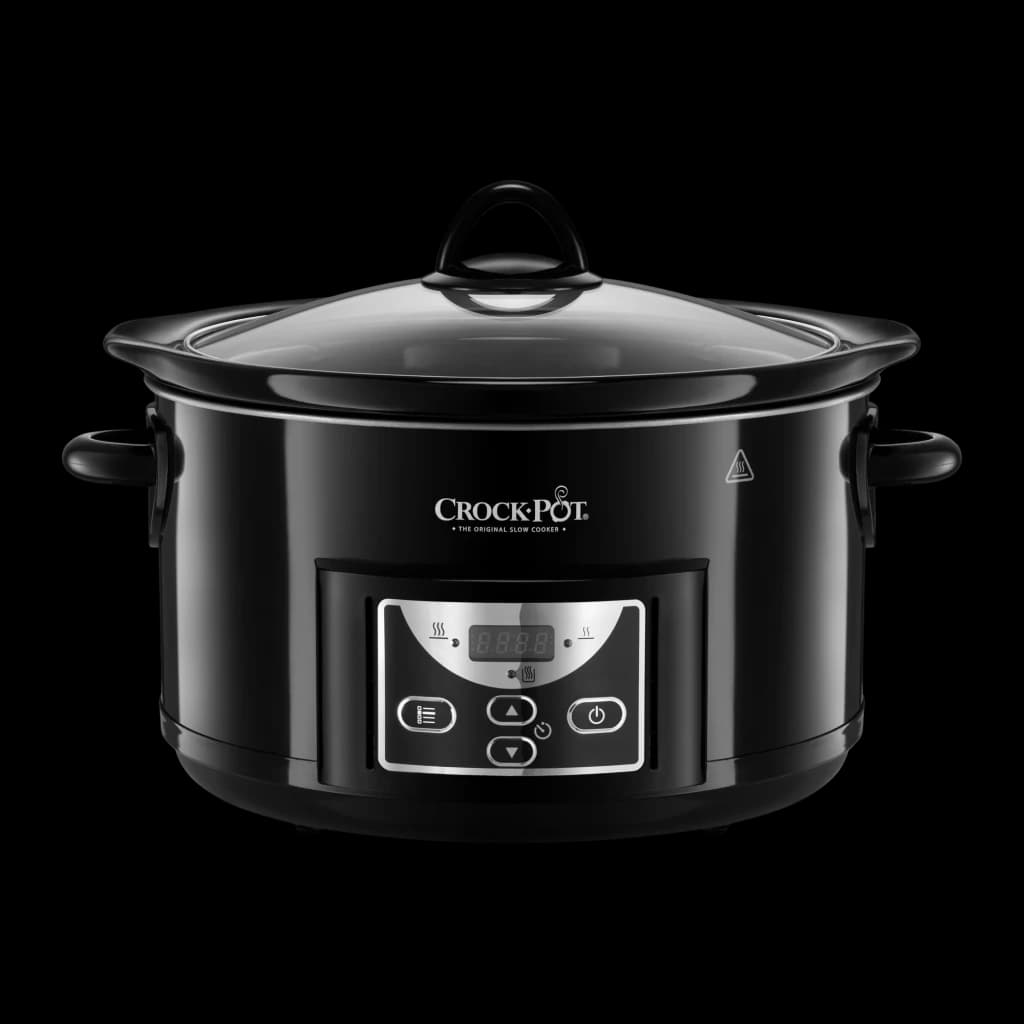 Mijoteuse Crock-Pot 4,7L 220W Noir SCCPRC507B, vue de face: corps noir brillant, couvercle en verre et panneau numérique
