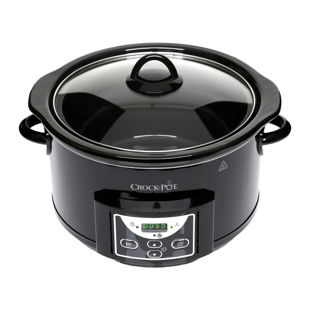 Mijoteuse Crock-Pot 4,7L 220W Noir SCCPRC507B, détail: panneau digital avec affichage vert, couvercle en verre et poignées
