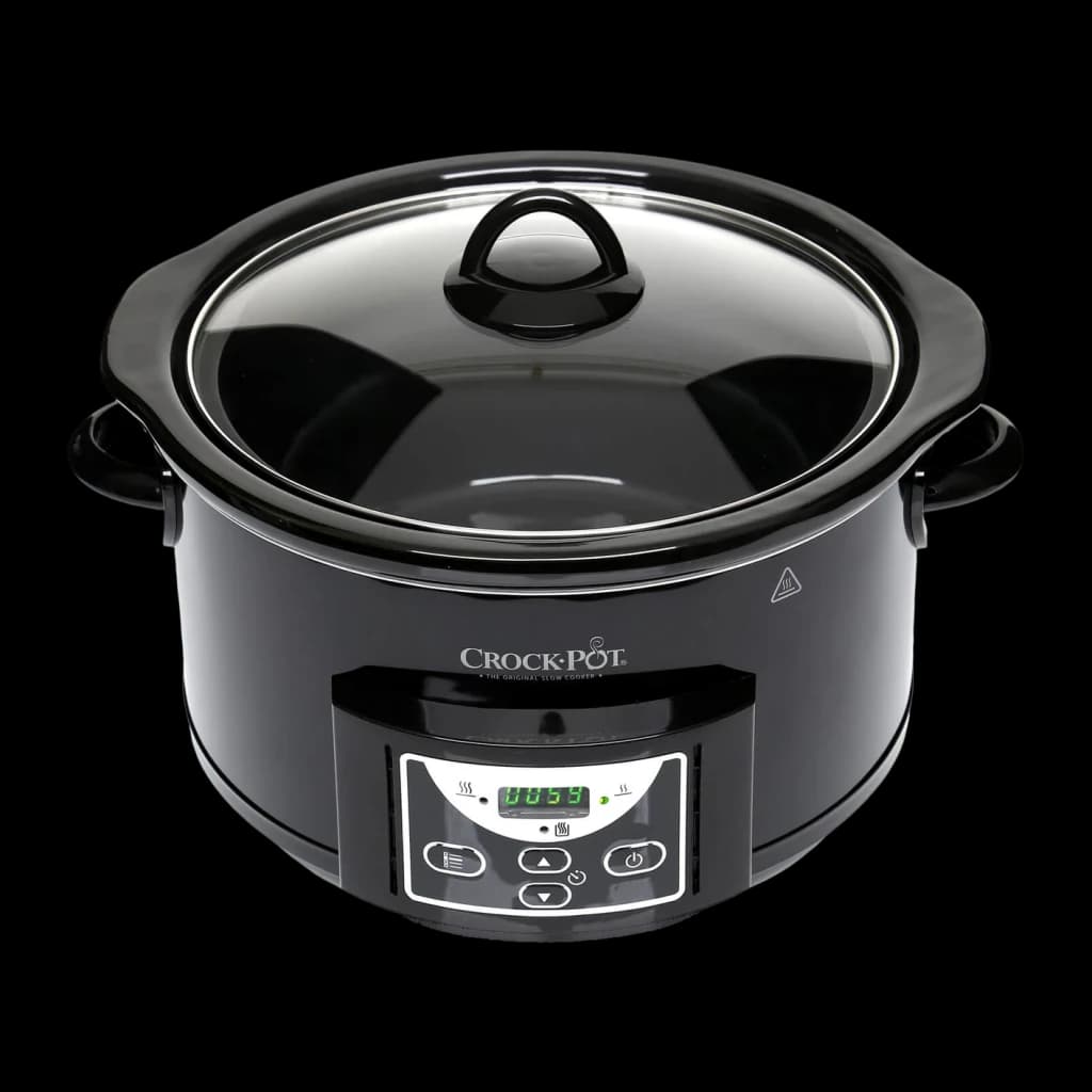 Mijoteuse Crock-Pot 4,7L 220W Noir SCCPRC507B, détail: panneau digital avec affichage vert, couvercle en verre et poignées