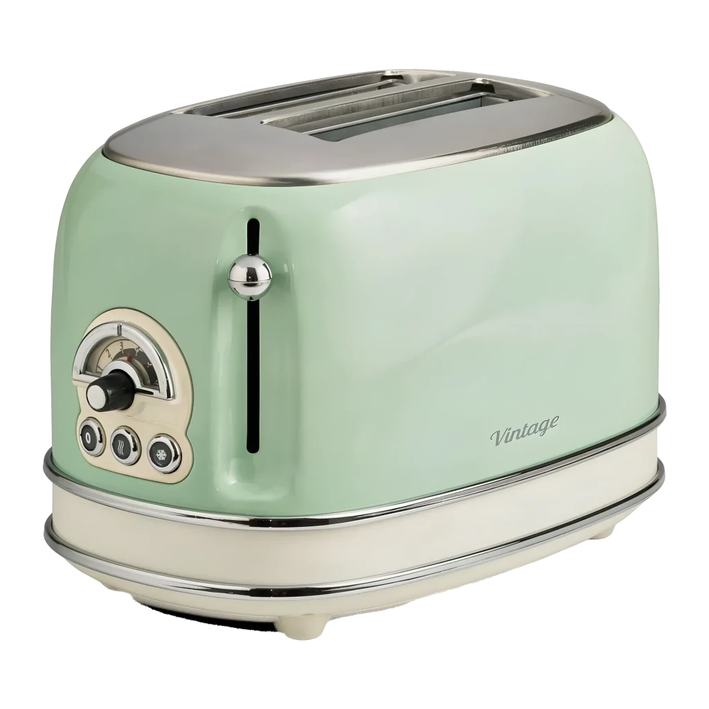 Torradeira Ariete Vintage 155 810W 2 Ranhuras Verde, detalhe: seletor de tostagem, botões e ranhuras visíveis em ângulo