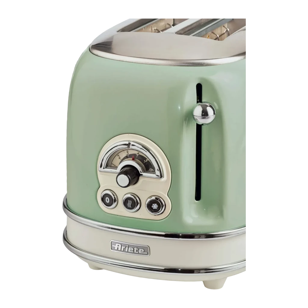 Torradeira Ariete Vintage 155 810W 2 Ranhuras Verde, detalhe: seletor de tostagem retro, botões e logótipo Ariete no painel