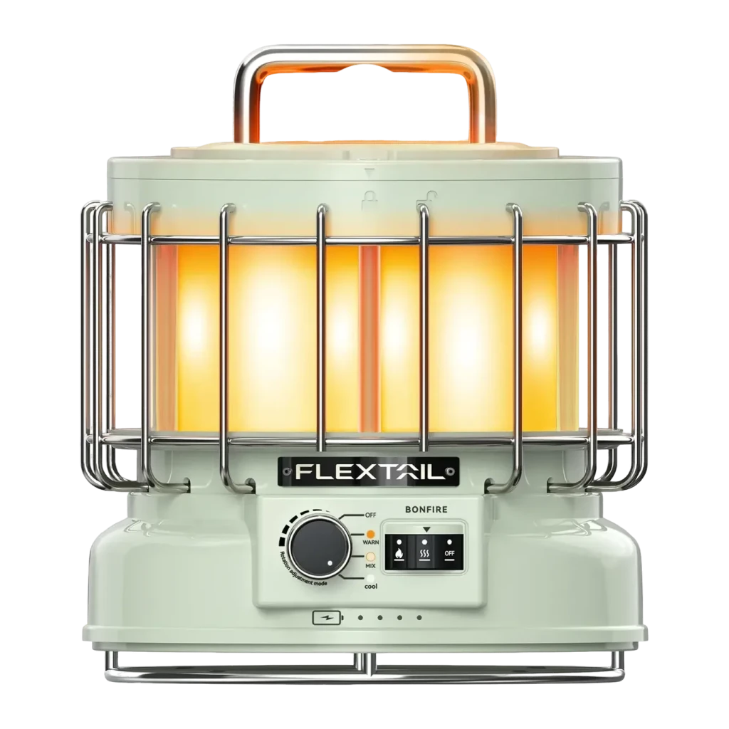 Lámpara de camping Flextail Max Lantern 3 en 1 Verde Recargable USB-C, vista frontal: cuerpo verde menta encendido