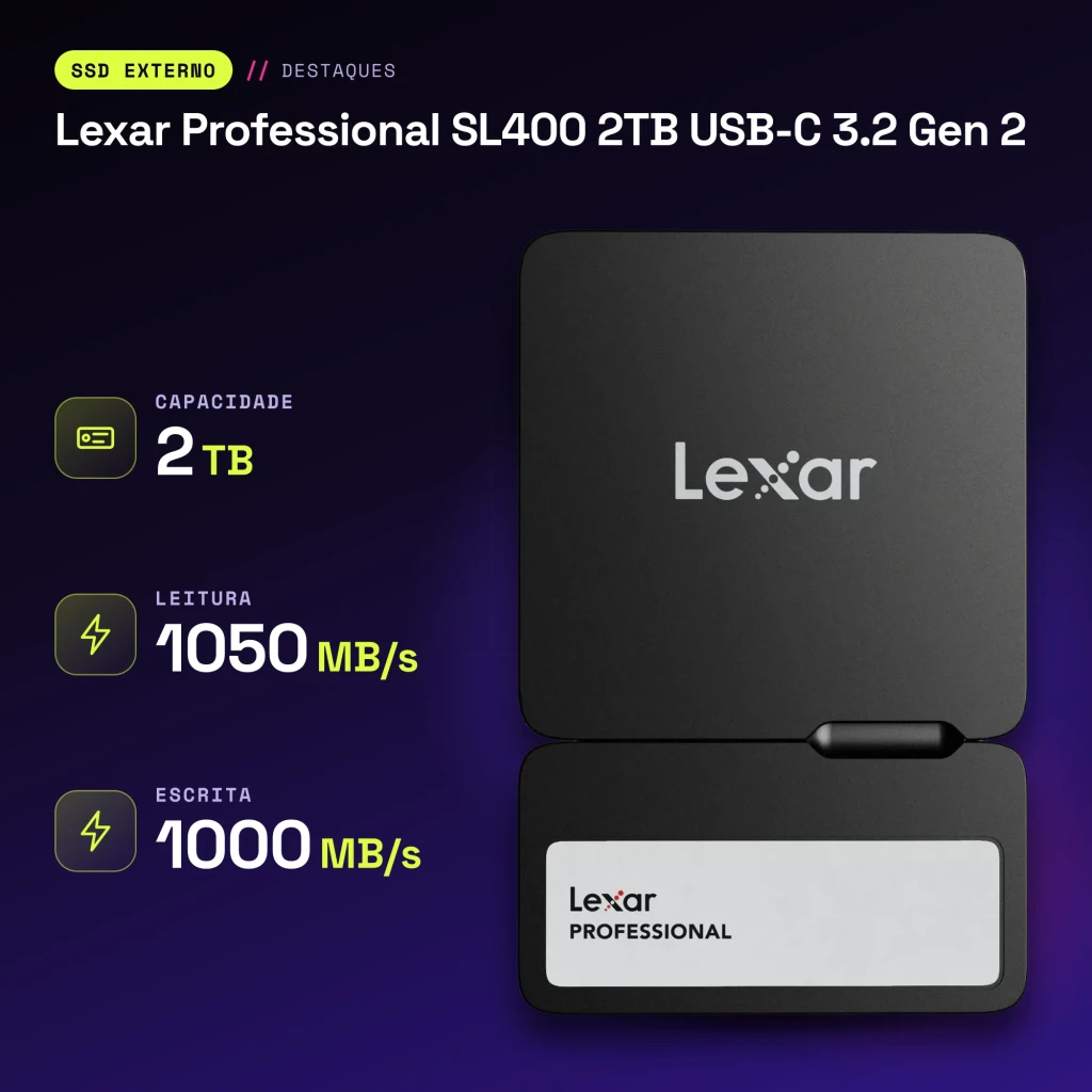 SSD portátil Lexar Professional SL400 2TB + Hub USB-C 3.2 Gen 2 IP65 Preto - características