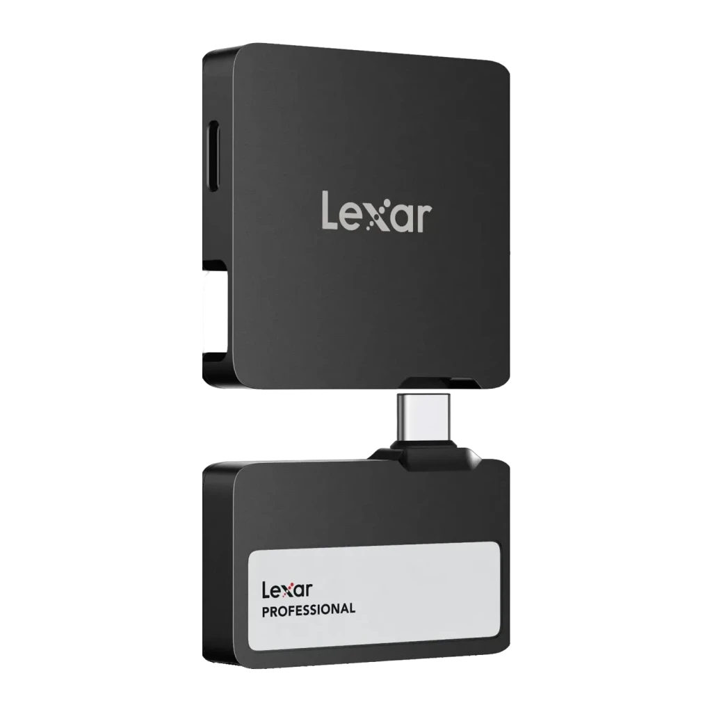 SSD portátil Lexar Professional SL400 2TB USB-C 3.2 Gen 2 IP65 Preto, detalhe: corpo separado do conector USB-C retrátil