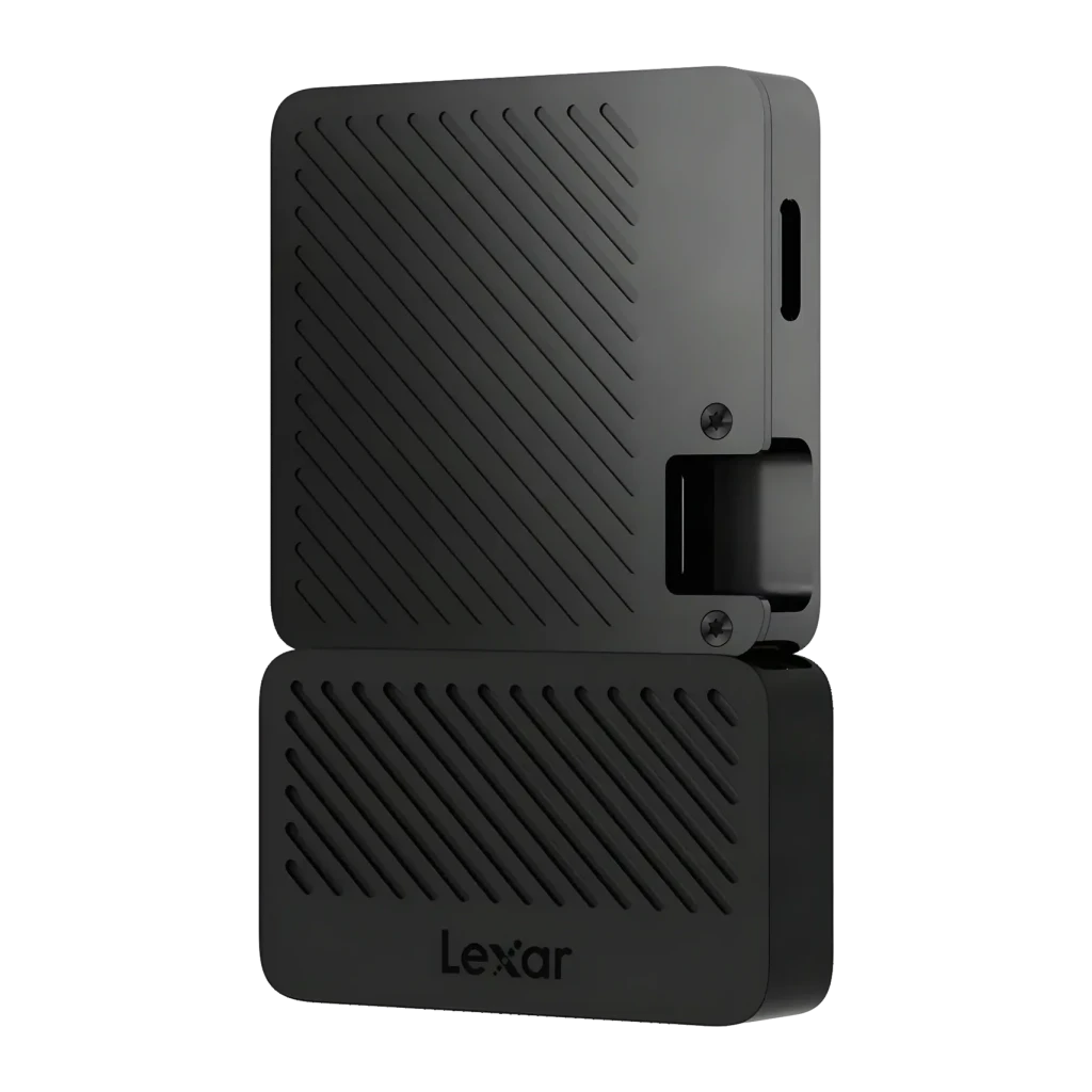 SSD portátil Lexar Professional SL400 2TB USB-C 3.2 Gen 2 IP65 Preto, vista traseira: textura diagonal canelada, clipe