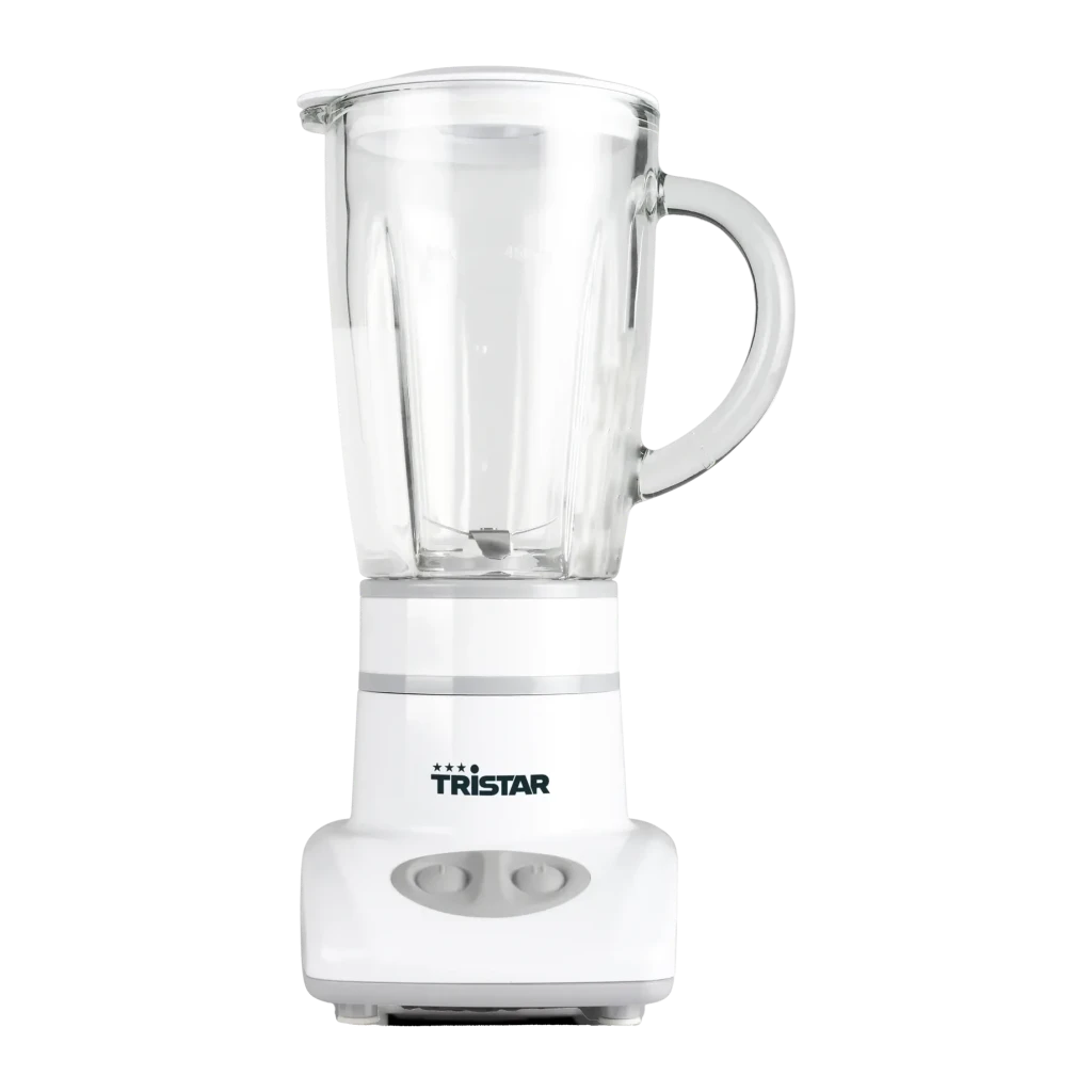 Batidora de vaso TriStar 0,45L 180W 2 velocidades Blanco BL-4431, vista frontal: base blanca con 2 botones grises, vaso