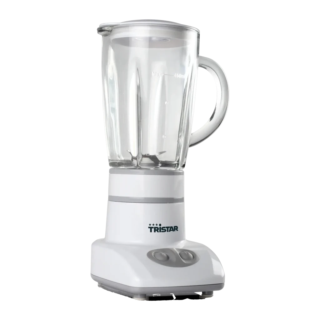 Batidora de vaso TriStar 0,45L 180W 2 velocidades Blanco BL-4431, detalle: vaso transparente con marcas de medición
