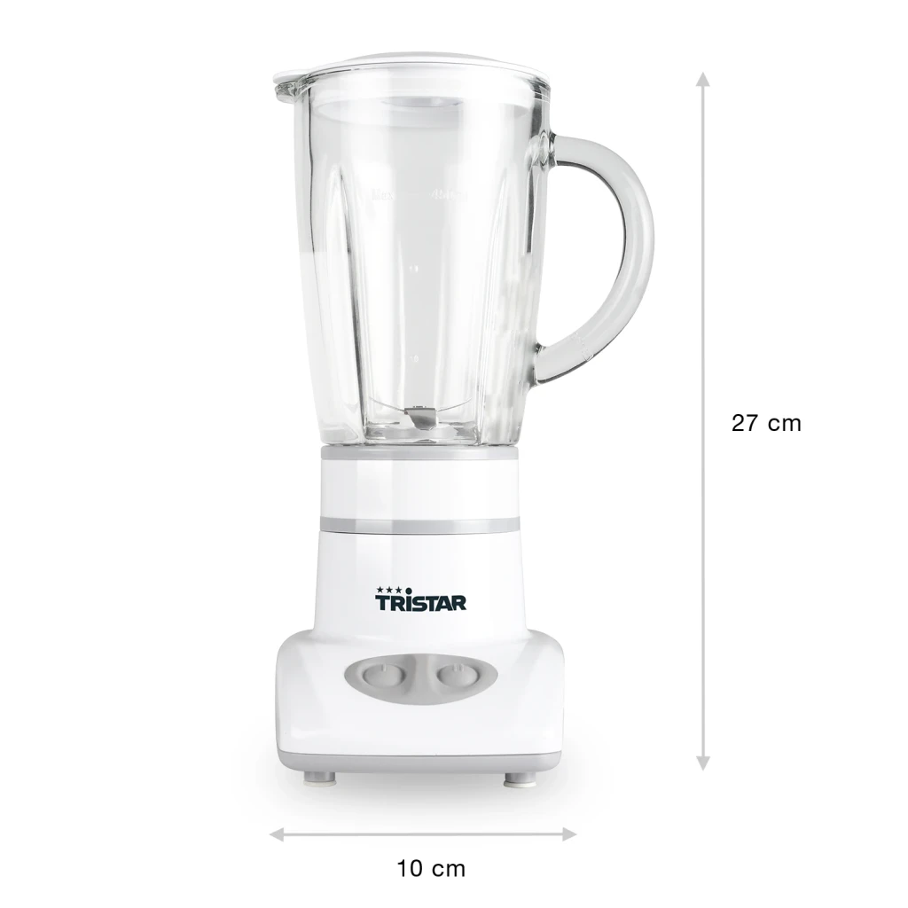 Batidora de vaso TriStar 0,45L 180W 2 velocidades Blanco BL-4431, vista frontal con cotas: altura 27 cm y ancho 10 cm