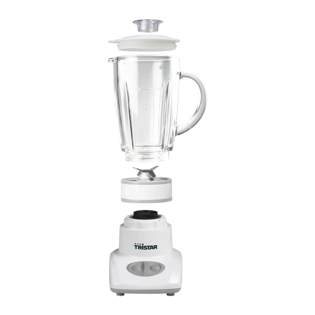 Batidora de vaso TriStar 0,45L 180W 2 velocidades Blanco BL-4431, detalle: vista explosionada con vaso de cristal, cuchillas